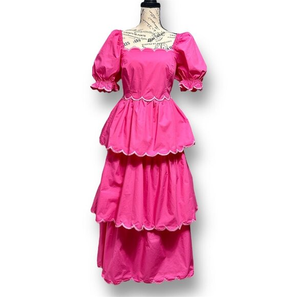 English Factory L Pink Scallop Tiered Maxi Dress Puff Sleeve Barbie Cottagecore - Picture 5 of 8
